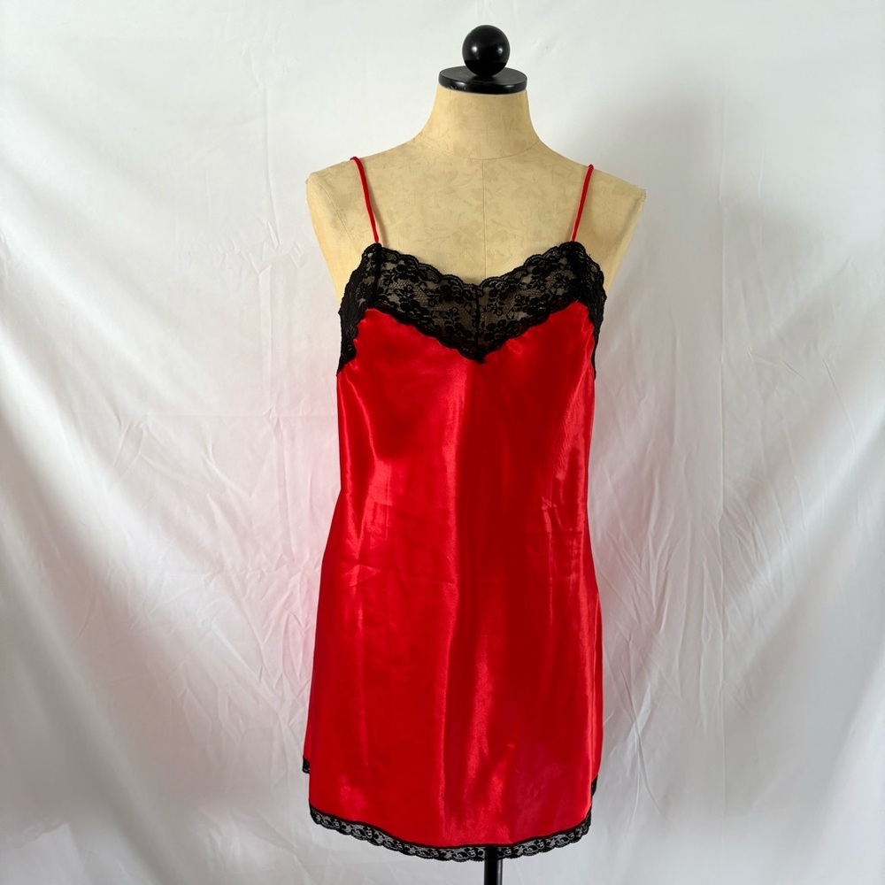 Vintage red black satin lace slip dress nightie lingerie medium large